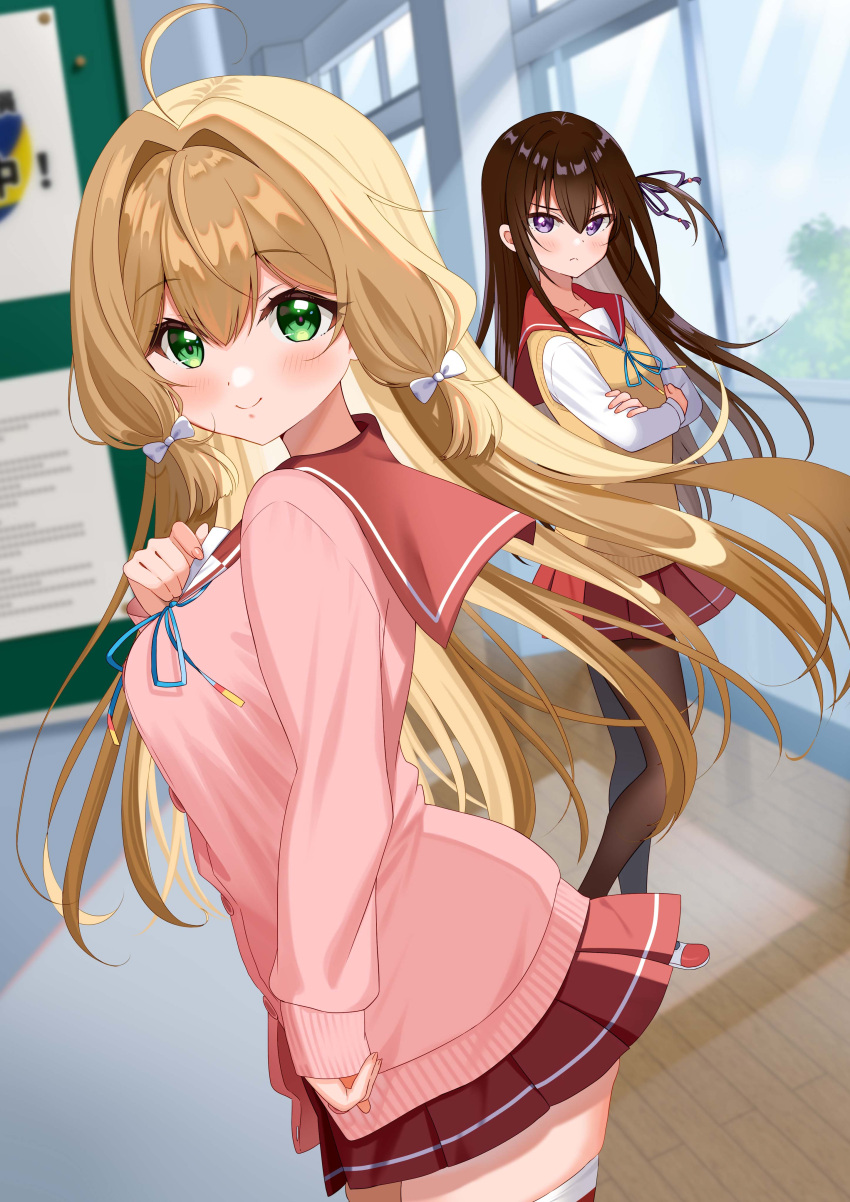 2girls absurdres ahoge blonde_hair blurry blurry_background bow breasts brown_hair collarbone copyright_request cover cover_page crossed_arms green_eyes hair_between_eyes hair_bow hair_intakes hair_ribbon highres long_hair multiple_girls pantyhose pink_sweater piyopoyo pleated_skirt purple_eyes purple_ribbon red_sailor_collar red_skirt ribbon sailor_collar second-party_source shirt skirt smile sweater sweater_vest thighhighs white_bow white_shirt window wooden_floor yellow_sweater_vest