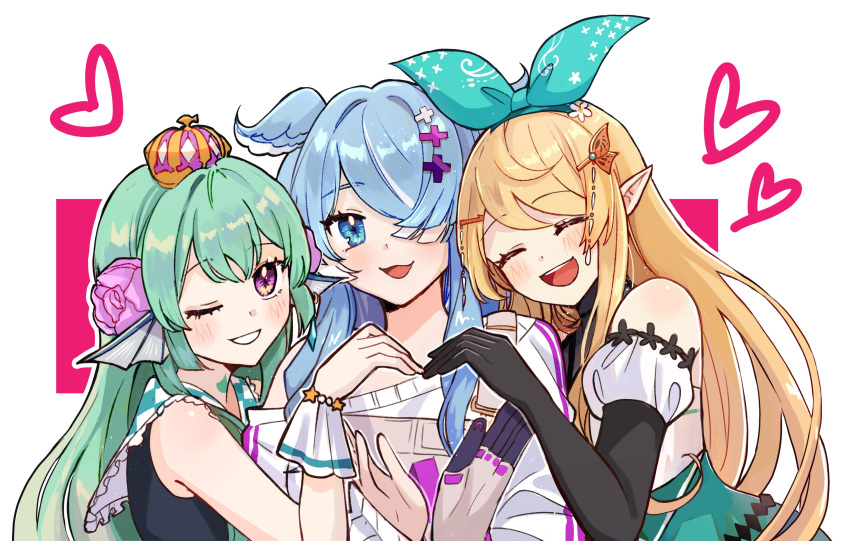 3girls absurdres black_gloves blonde_hair blue_bow blue_eyes blue_hair blush bow closed_eyes crown detached_sleeves elira_pendora elira_pendora_(1st_costume) finana_ryugu finana_ryugu_(1st_costume) flower gloves green_hair grin hair_bow hair_flower hair_ornament hair_over_one_eye hakamii halterneck head_wings heart highres lazulight long_hair multiple_girls nijisanji nijisanji_en pointy_ears pomu_rainpuff pomu_rainpuff_(1st_costume) purple_eyes purple_flower smile wings wrist_cuffs