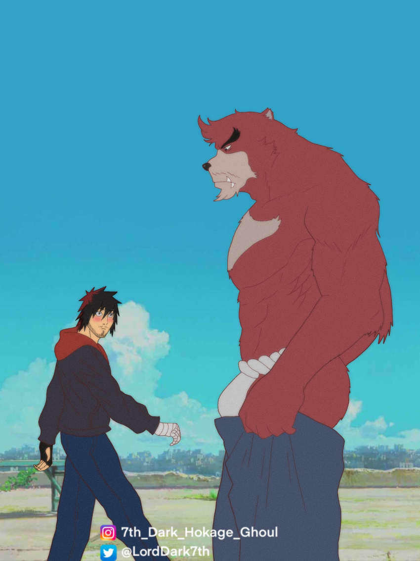 2boys 7th_dark_hokage abs aged_up animal_ears ass bakemono_no_ko bara bear_boy bear_ears beard brown_fur distracted_boyfriend_(meme) dressing facial_hair feet_out_of_frame forked_eyebrows from_side furry furry_male furry_with_non-furry highres i've_never_seen_a_guy_recreate_this_successfully_tbh_(meme) interspecies kumatetsu kyuuta_(bakemono_no_ko) large_bulge large_pectorals looking_at_bulge male_focus meme multiple_boys muscular muscular_male nipples open_pants pants pants_lift pectorals short_hair stomach stubble thick_eyebrows topless_male tusks undersized_clothes upper_body