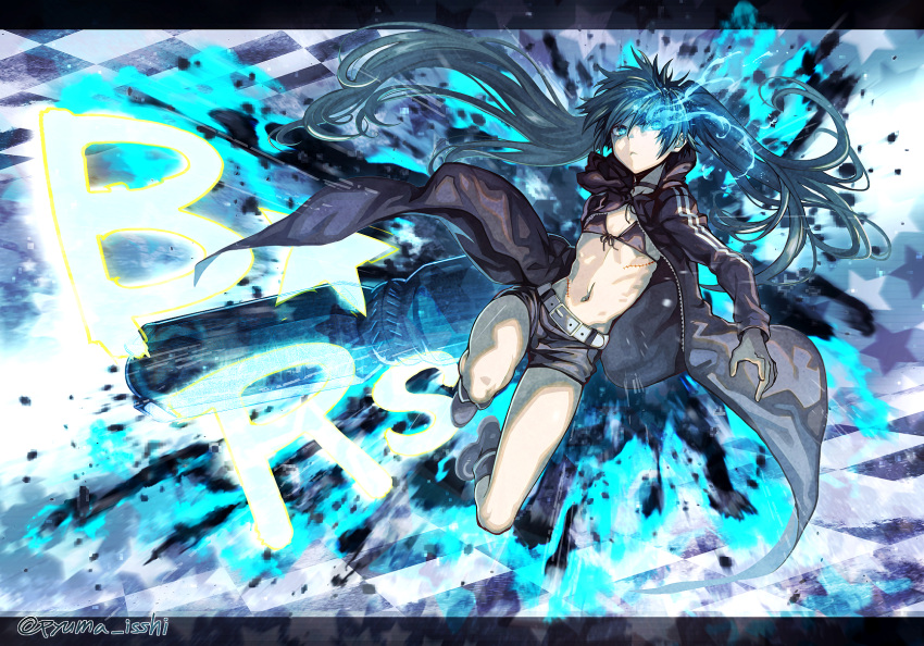 1girl arm_cannon bikini bikini_top_only black_hair black_rock_shooter black_rock_shooter_(character) blue_eyes coat flaming_eye full_body highres isshi_pyuma long_hair midriff navel no_shirt pale_skin revision scar short_shorts shorts solo stomach swimsuit twintails uneven_twintails weapon