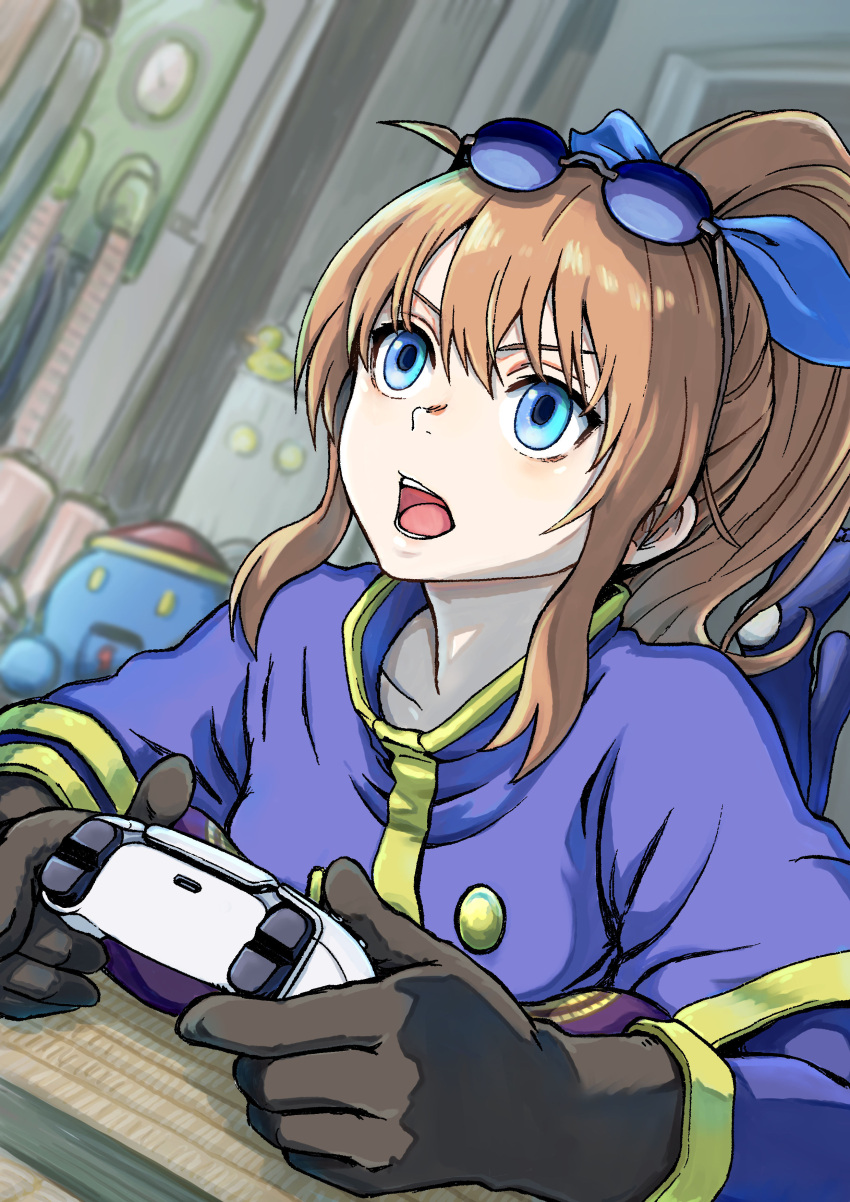 1girl absurdres black_gloves blue_eyes brown_hair controller eyewear_on_head feet full_body game_controller gloves highres long_hair nemimin open_mouth pantyhose playstation_controller ponytail precis_neumann robot solo star_ocean star_ocean_the_second_story