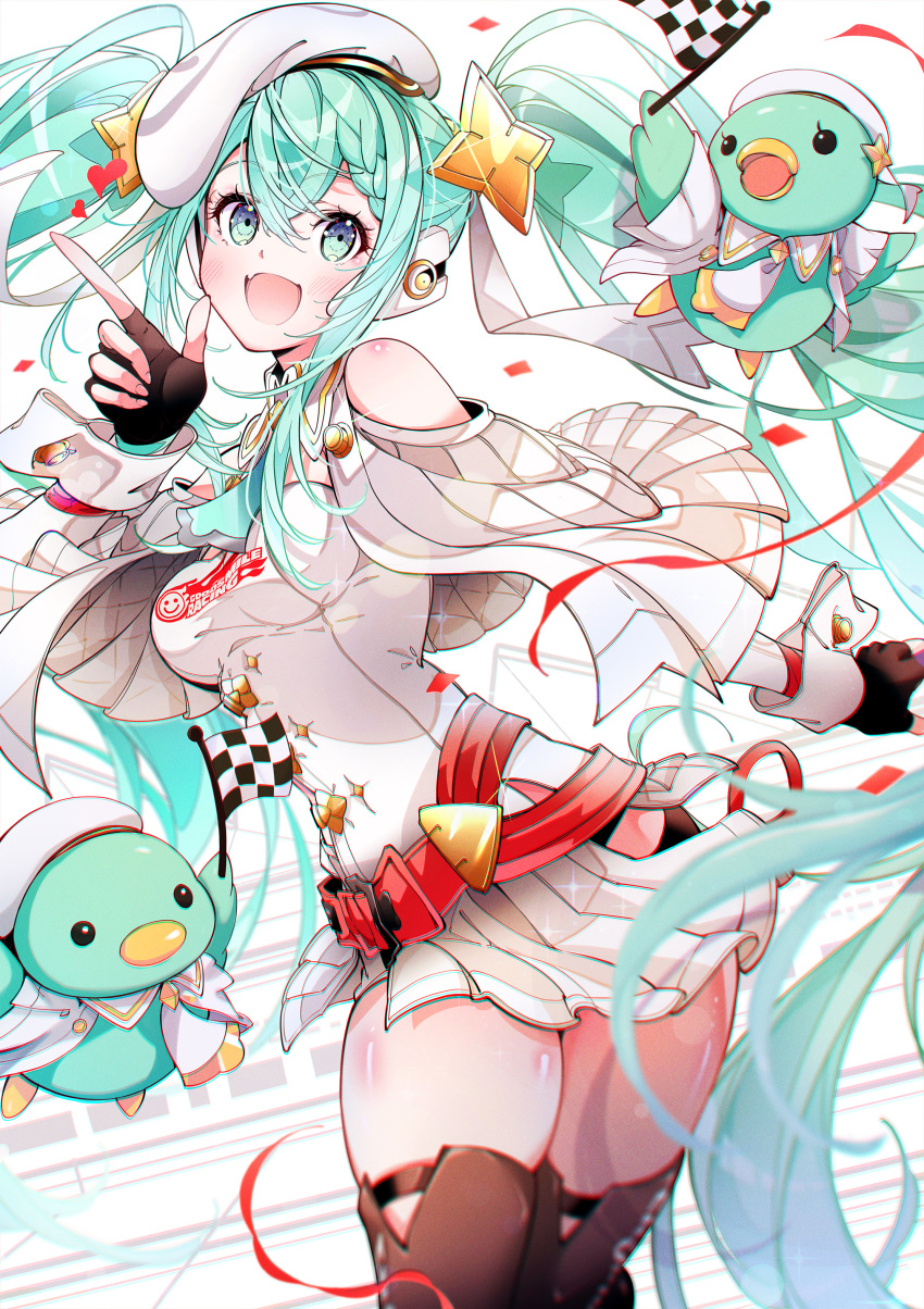 1girl absurdres aqua_eyes aqua_hair aqua_necktie bare_shoulders belt beret bird black_gloves black_thighhighs breasts checkered_flag commentary_request dress duck facing_viewer fang fingerless_gloves flag flame_print gloves goodsmile_racing hair_ornament hat hatsune_miku highres index_finger_raised kae610_oekaki long_hair looking_ahead necktie open_mouth racing_miku racing_miku_(2023) red_belt shiny_skin sideless_outfit skin_fang skirt small_breasts smile smiley_face solo standing star_(symbol) star_hair_ornament thigh_strap thighhighs thighs twintails very_long_hair vocaloid white_dress white_headwear white_skirt