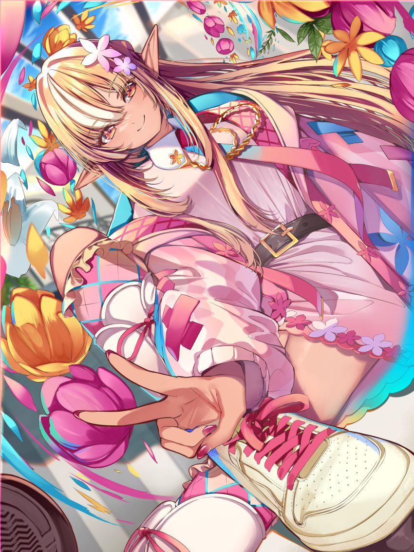 1girl absurdres belt black_belt blonde_hair dress flower hair_flower hair_ornament highres hololive jacket long_hair looking_at_viewer multicolored_hair nail_polish official_alternate_costume pink_dress pink_jacket pointy_ears red_eyes red_nails shiranui_flare shiranui_flare_(4th_costume) shoes short_dress sidelocks smile sneakers solo streaked_hair virtual_youtuber white_footwear white_hair yuutarou_(fukiiincho)