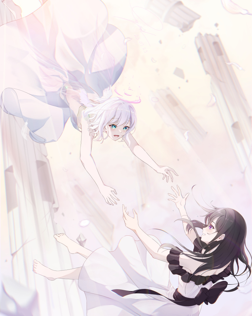 2girls absurdres angel_wings barefoot black_bow black_hair bow column dated dress falling feet green_eyes gyeou_lee halo highres long_dress long_hair looking_at_another multiple_girls open_mouth original pillar purple_eyes ruins signature white_dress wings