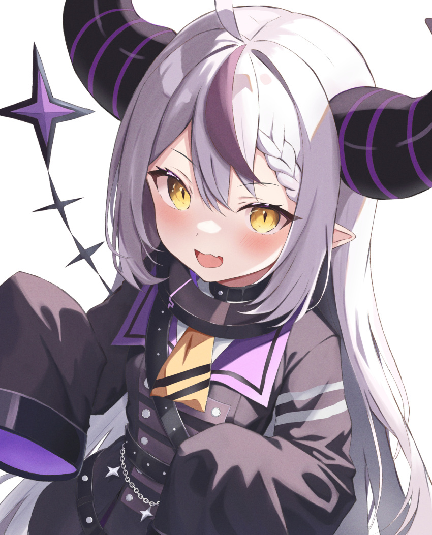 1girl :d absurdres ahoge black_collar black_jacket blush braid collar commentary demon_girl demon_horns fang hair_between_eyes highres hololive horns jacket la+_darknesss la+_darknesss_(1st_costume) long_hair long_sleeves looking_at_viewer metal_collar multicolored_hair necktie open_mouth po_(yyai119) pointy_ears simple_background skin_fang sleeves_past_fingers sleeves_past_wrists smile solo streaked_hair upper_body virtual_youtuber white_background yellow_eyes yellow_necktie
