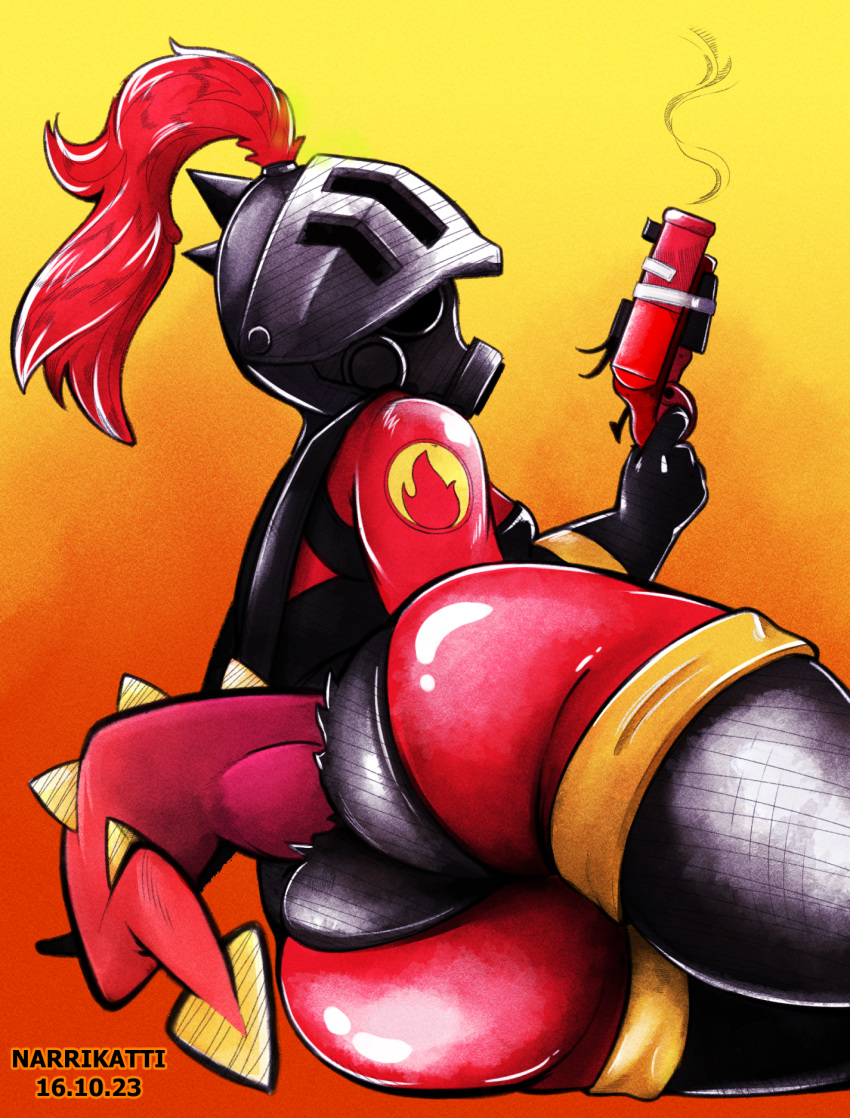 anthro armor big_butt breasts butt clothing dragon female fempyro flame_pattern flare_gun gloves gun handwear headgear helmet hi_res hidden_face humanoid knight latex_gloves latex_stockings logo mask narrikatti pyro_(team_fortress_2) ranged_weapon rubber rubber_clothing rubber_suit side_boob solo tail team_fortress_2 torn_clothing valve warrior weapon