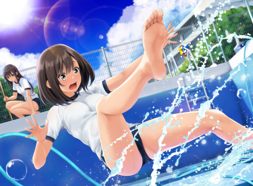 2girls ass barefoot black_hair blue_buruma blue_sky breasts brown_eyes buruma cloud cloudy_sky commentary_request cooler day empty_pool fence gym_uniform hair_between_eyes hose medium_breasts multiple_girls nonaka_ritsu open_mouth original outdoors pool pool_ladder shirt short_sleeves sky slipping soles solo_focus squatting toes water white_shirt