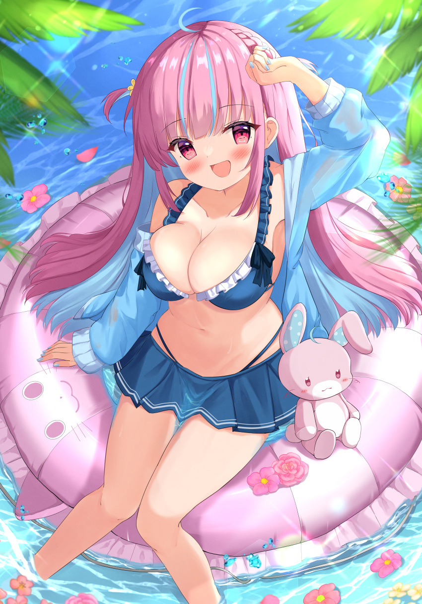 1girl absurdres arm_up bikini bikini_skirt blue_hair blush braid breasts colored_inner_hair day flower flower_on_liquid frilled_bikini frilled_innertube frills from_above hand_on_own_forehead highres hololive innertube jacket kanti15 large_breasts long_hair long_sleeves looking_at_viewer minato_aqua multicolored_hair nail_polish navel off_shoulder one_side_up open_mouth outdoors pink_eyes pink_hair sitting smile solo sparkle striped_innertube stuffed_animal stuffed_rabbit stuffed_toy swimsuit two-tone_hair very_long_hair virtual_youtuber wakamezake water