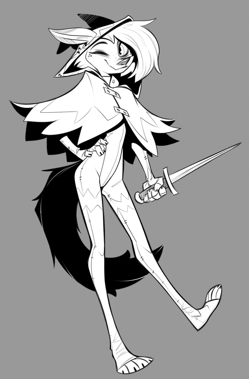 2023 anthro black_and_white canid canine canis dagger female grey_background greyscale hand_on_hip hi_res holding_dagger holding_object holding_weapon lenyavok mammal melee_weapon monochrome one_eye_closed oriana_thaffer simple_background solo weapon wink wolf