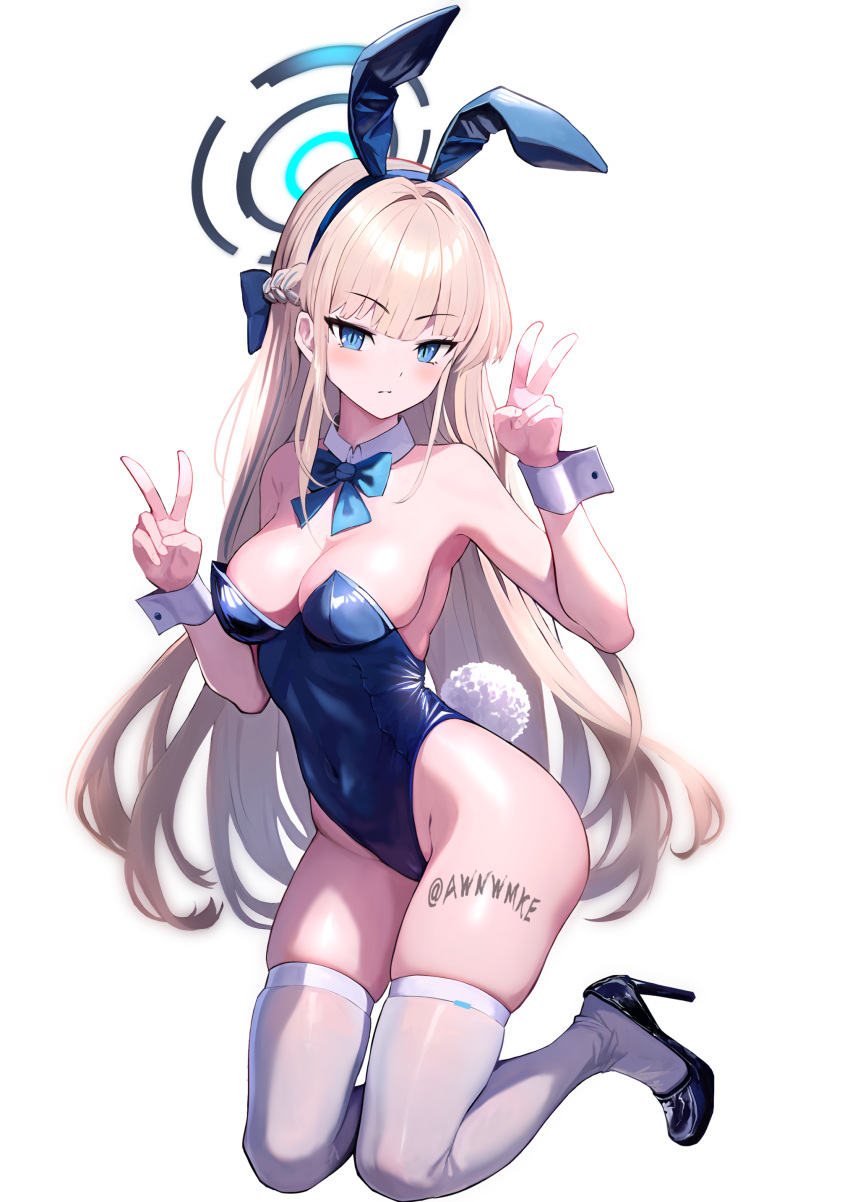 1girl absurdres animal_ears aqua_bow aqua_bowtie artist_name awnw black_footwear blonde_hair blue_archive blue_eyes blue_leotard bow bowtie braid breasts cleavage closed_mouth detached_collar double_v fake_animal_ears fake_tail halo high_heels highleg highleg_leotard highres kneeling large_breasts leotard long_hair looking_at_viewer official_alternate_costume playboy_bunny rabbit_ears rabbit_tail simple_background solo strapless strapless_leotard tail thighhighs toki_(blue_archive) toki_(bunny)_(blue_archive) v white_background white_thighhighs white_wrist_cuffs
