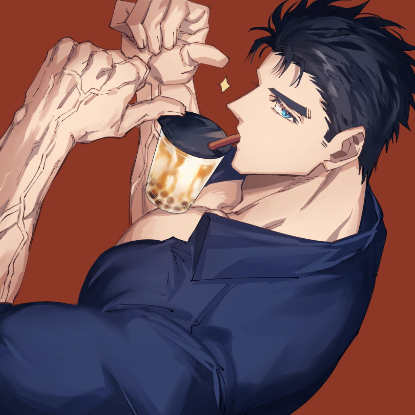 1boy bara bare_pectorals black_hair blue_eyes blue_shirt bubble_tea domo_(domo_kizusuki) drinking drinking_straw drinking_straw_in_mouth eyelashes highres large_pectorals looking_at_viewer male_focus muscular muscular_male original pectorals pointing pointing_at_self red_background shido_(domo) shirt short_hair sideburns solo thick_eyebrows thumbs_up upper_body veins