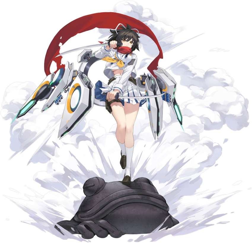 1girl artist_request asuka_(senran_kagura) azur_lane black_footwear black_hair bra breasts crossover dual_wielding floral_background frog_statue full_body hair_ribbon highres holding holding_sword holding_weapon katana large_breasts long_hair long_sleeves looking_at_viewer midriff navel neckerchief official_art pleated_skirt ponytail red_scarf reverse_grip ribbon rigging scarf school_uniform senran_kagura senran_kagura_new_link short_sword skirt socks standing standing_on_one_leg striped striped_bra sword thigh_strap tsuba_(guard) underboob underwear unsheathed wakizashi weapon white_ribbon white_skirt white_socks yellow_eyes