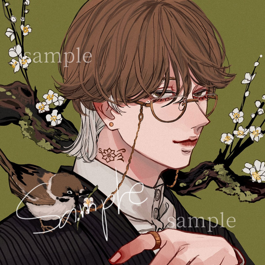 1boy animal_on_shoulder bird bird_on_shoulder bishounen black_jacket branch brown_bird brown_eyes brown_hair buttons closed_mouth collared_shirt commission earrings eyewear_strap fingernails flower glasses green_background hand_up highres jacket jewelry kagoya1219 looking_at_viewer male_focus multicolored_hair neck_tattoo original pinstripe_jacket pinstripe_pattern portrait ring sample_watermark semi-circular_eyewear semi-rimless_eyewear shirt short_hair simple_background solo sparrow striped tattoo two-tone_hair under-rim_eyewear watermark white_flower white_hair white_shirt