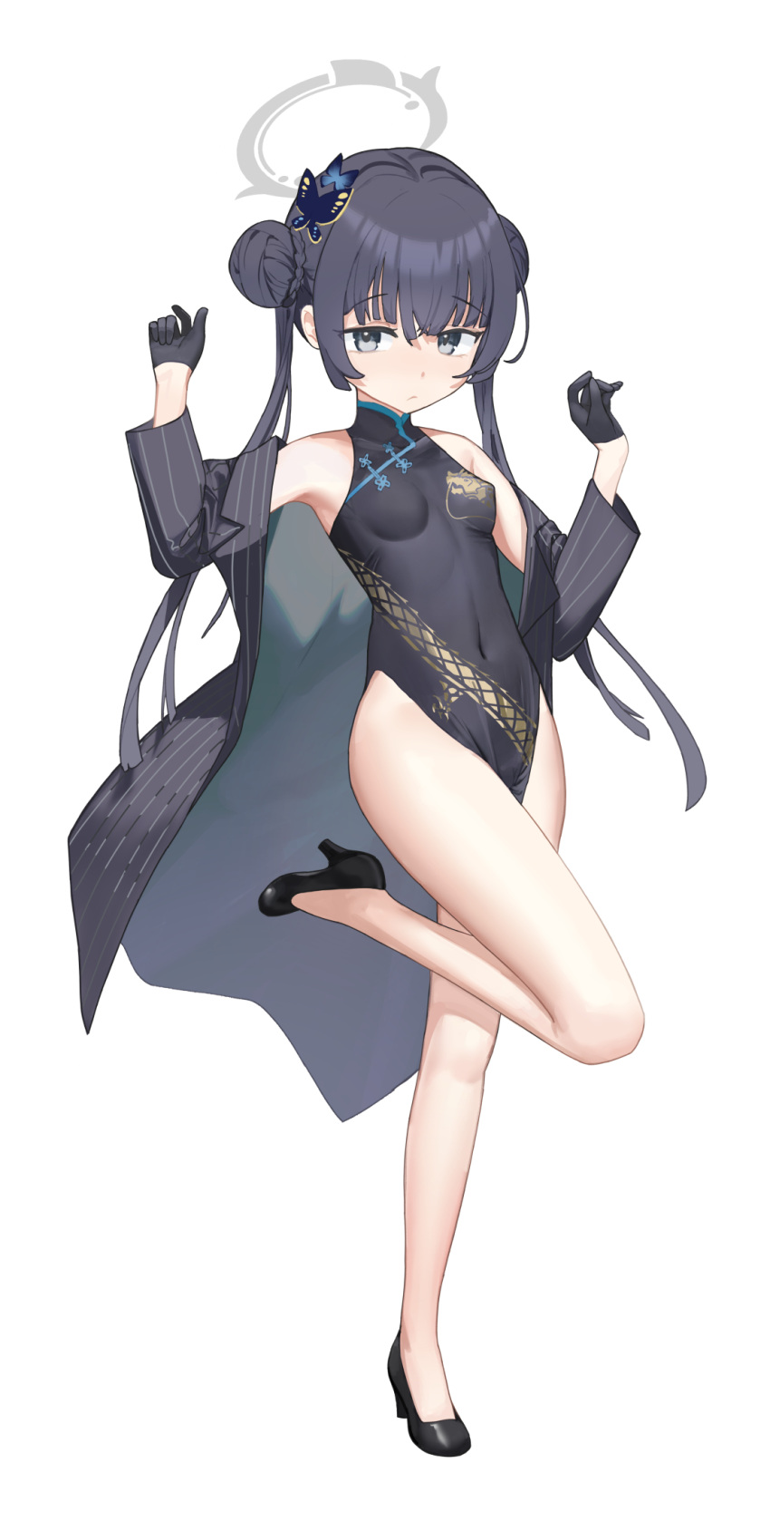 1girl black_dress black_footwear black_gloves black_hair blue_archive breasts butterfly_hair_ornament china_dress chinese_clothes coat covered_navel double_bun dragon_print dress fuenyuan full_body gloves grey_coat grey_eyes grey_halo hair_bun hair_ornament halo high_heels highres kisaki_(blue_archive) long_hair long_sleeves pelvic_curtain simple_background sleeveless sleeveless_dress small_breasts solo striped striped_coat twintails vertical-striped_coat vertical_stripes white_background