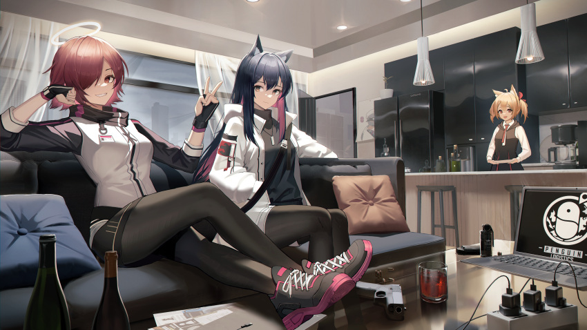 3girls :d absurdres animal_ears arknights black_footwear black_gloves black_hair black_pantyhose black_shirt black_vest blonde_hair colored_inner_hair computer couch exusiai_(arknights) fingerless_gloves gloves halo highres indoors jacket laptop long_hair multicolored_hair multiple_girls official_alternate_costume on_couch orange_eyes pantyhose pekoku_(tamago_sushi) penguin_logistics_(arknights) penguin_logistics_logo shirt short_hair smile sora_(arknights) texas_(arknights) texas_(winter_messenger)_(arknights) vest white_jacket wolf_ears