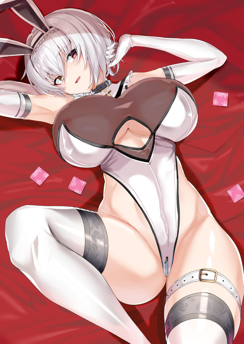 1girl absurdres alicia_renato_(yashiro_sousaku) animal_ears bed_sheet borrowed_character breasts choker clothing_cutout condom condom_wrapper covered_nipples cross cross_choker crossed_bangs elbow_gloves fake_animal_ears gloves hairband heterochromia highres large_breasts leotard looking_at_viewer lying maruyaa_(malya1006) on_back open_mouth original rabbit_ears red_eyes short_hair smile solo thigh_strap thighhighs underboob underboob_cutout white_gloves white_thighhighs yellow_eyes