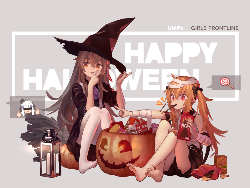 3girls bandages bar_censor barefoot black_bow black_dress black_headwear blonde_hair bow broom brown_hair candle candy censored copyright_name crossed_bangs crossed_legs double_middle_finger dress food food_in_mouth full_body girls'_frontline hair_bow halloween halloween_bucket hand_on_headwear happy_halloween hat highres identity_censor knees_together_feet_apart lantern licking licking_finger long_hair looking_at_viewer looking_away middle_finger multiple_girls no_shoes notice_lines on_ground pantyhose pocky pocky_in_mouth pointing pumpkin red_eyes sidelocks sitting sitting_on_object smile soles spoken_character spoken_food tianliang_duohe_fangdongye toes twintails ump40_(girls'_frontline) ump45_(girls'_frontline) ump9_(girls'_frontline) white_hair white_pantyhose witch_hat
