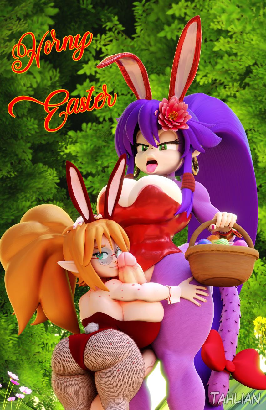 3d_(artwork) absurd_res accessory anthro areola areola_slip basket big_breasts big_butt big_penis blender_(software) breasts bunny_costume butt cleavage clothed clothing container costume curvy_figure digital_media_(artwork) duo ear_piercing ear_ring easter easter_basket easter_egg elf embrace eyewear fake_ears fake_rabbit_ears flower flower_in_hair freckles fur furgonomics genitals glasses hair hair_accessory haplorhine herm hi_res holidays hug huge_breasts huge_penis humanoid humanoid_pointy_ears intersex intersex/intersex looking_at_viewer looking_down mammal monkey orange_hair penis piercing plant ponytail primate purple_hair ring_piercing short_stack side_boob tail tail_accessory thick_thighs tongue tongue_out voluptuous wide_hips