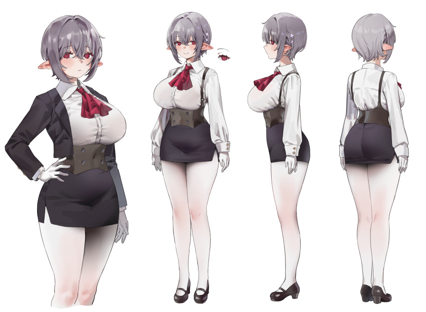 1girl :c absurdres ascot black_jacket black_skirt blush bob_cut breasts buttoned_cuffs buttons closed_mouth collared_shirt cropped_jacket cropped_legs double-breasted full_body gloves gompang_11 grey_hair groin hair_ornament hairclip hand_on_own_hip highres huge_breasts jacket long_sleeves miniskirt multiple_views open_clothes open_jacket original pencil_skirt pointy_ears raised_eyebrows red_ascot red_eyes reference_sheet ringed_eyes shirt short_hair simple_background skirt sleeve_cuffs smile surgeon_cuffs suspenders tented_shirt turnaround white_background white_gloves white_shirt wing_collar