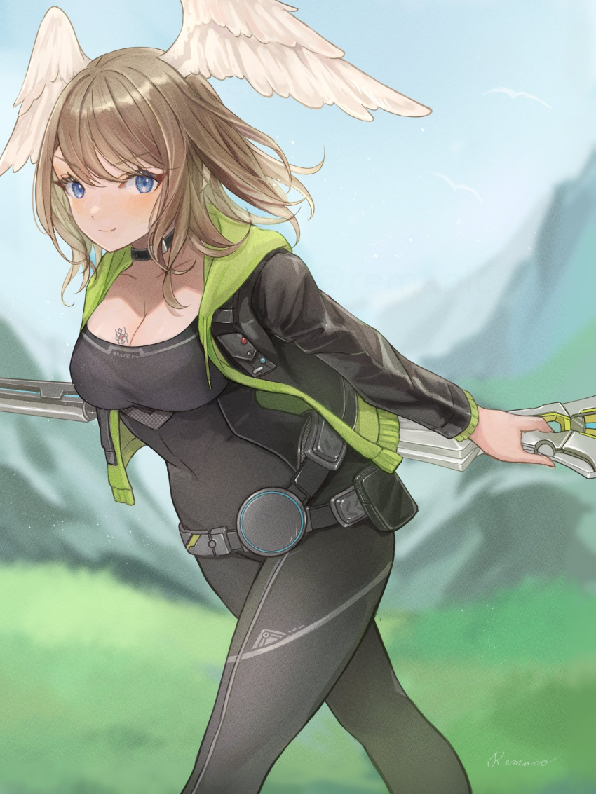 1girl black_bodysuit black_choker blue_eyes blue_pupils bodysuit breast_tattoo breasts brown_hair choker cleavage collarbone eunie_(xenoblade) glowing_lines green_hoodie head_wings highres holding holding_staff hood hoodie jacket large_breasts leather leather_jacket medium_hair remaco staff tattoo white_wings wings xenoblade_chronicles_(series) xenoblade_chronicles_3