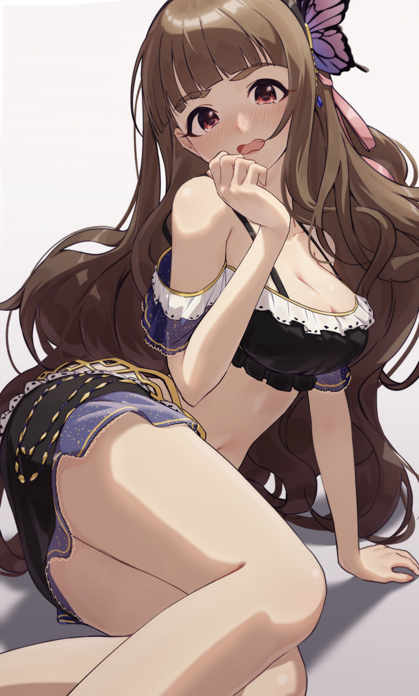1girl 24riside absurdres arm_support bare_legs barefoot blunt_bangs blush breasts brown_hair butterfly_hair_ornament cleavage commentary commission hair_ornament highres idolmaster idolmaster_cinderella_girls kamiya_nao long_hair looking_at_viewer medium_breasts miniskirt navel official_alternate_costume pixiv_commission red_eyes skirt solo stomach thick_eyebrows very_long_hair