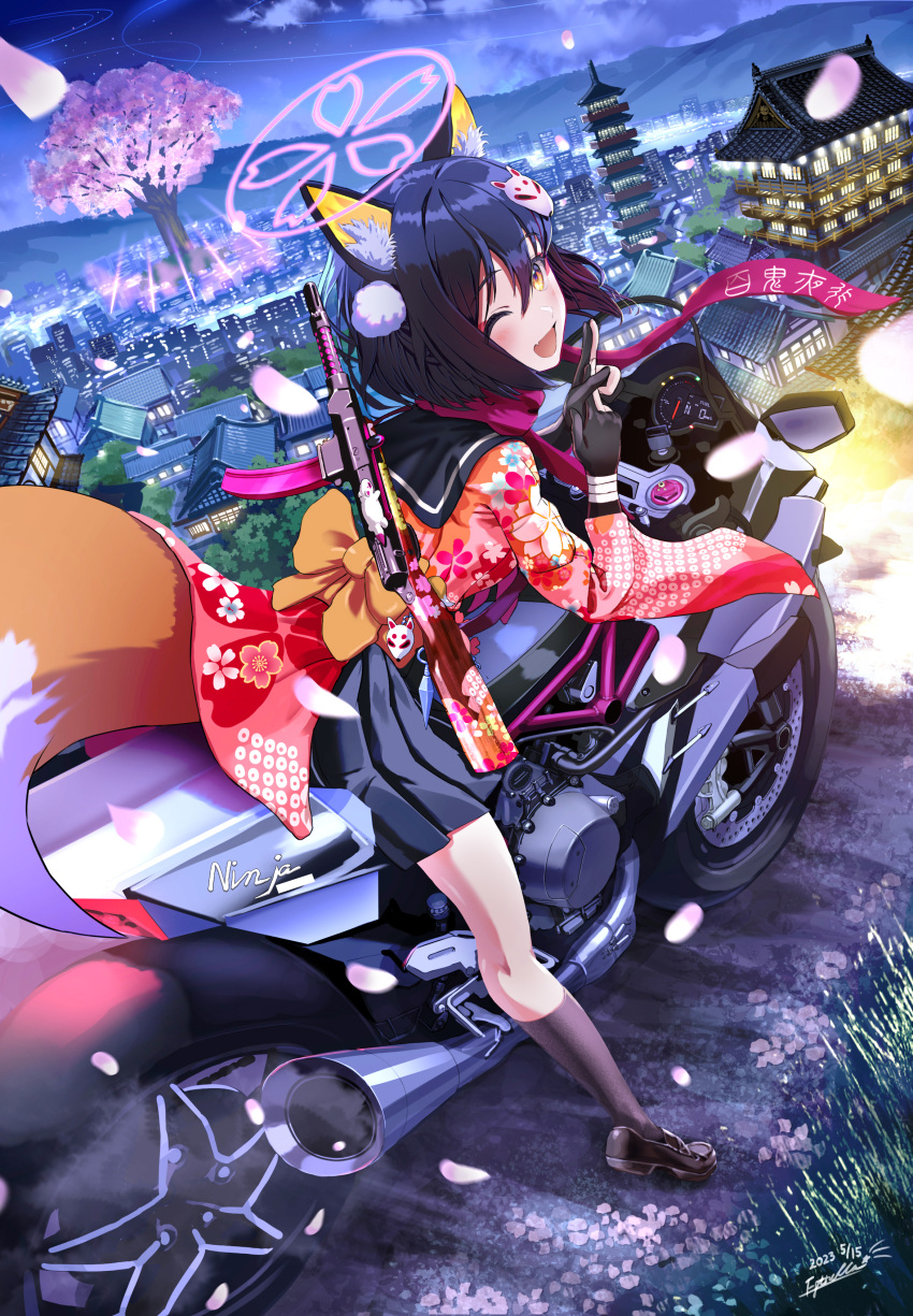 1girl ;d absurdres animal_ear_fluff animal_ears architecture black_gloves black_hair black_skirt black_socks blue_archive building cherry_blossoms cloud cloudy_sky commentary_request east_asian_architecture estrella_(uypu4574) eyeshadow falling_petals fingerless_gloves fox_ears fox_girl fox_hair_ornament fox_tail gloves gun hadanugi_dousa hair_between_eyes hair_ornament halo highres izuna_(blue_archive) japanese_clothes kawasaki_ninja kneehighs kuji-in long_sleeves looking_at_viewer makeup medium_hair motor_vehicle motorcycle mountainous_horizon night night_sky ninja one_eye_closed outdoors petals pleated_skirt pom_pom_(clothes) pom_pom_hair_ornament red_eyeshadow riding school_uniform sefirot serafuku sidelocks skirt sky skyscraper smile socks solo star_(sky) starry_sky submachine_gun tail tower tree type_100 weapon weapon_on_back wide_sleeves wind yellow_eyes