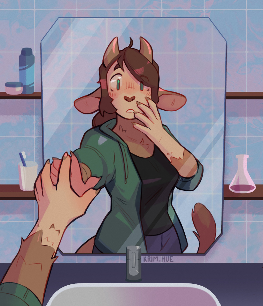 absurd_res anthro bathroom bottomwear brown_body brown_fur clothed clothing deer felind female first_person_view fully_clothed fur hi_res hoodie horn hybrid krim_hue looking_at_mirror looking_at_object mammal mid_transformation mirror mirror_reflection pants reflection solo topwear