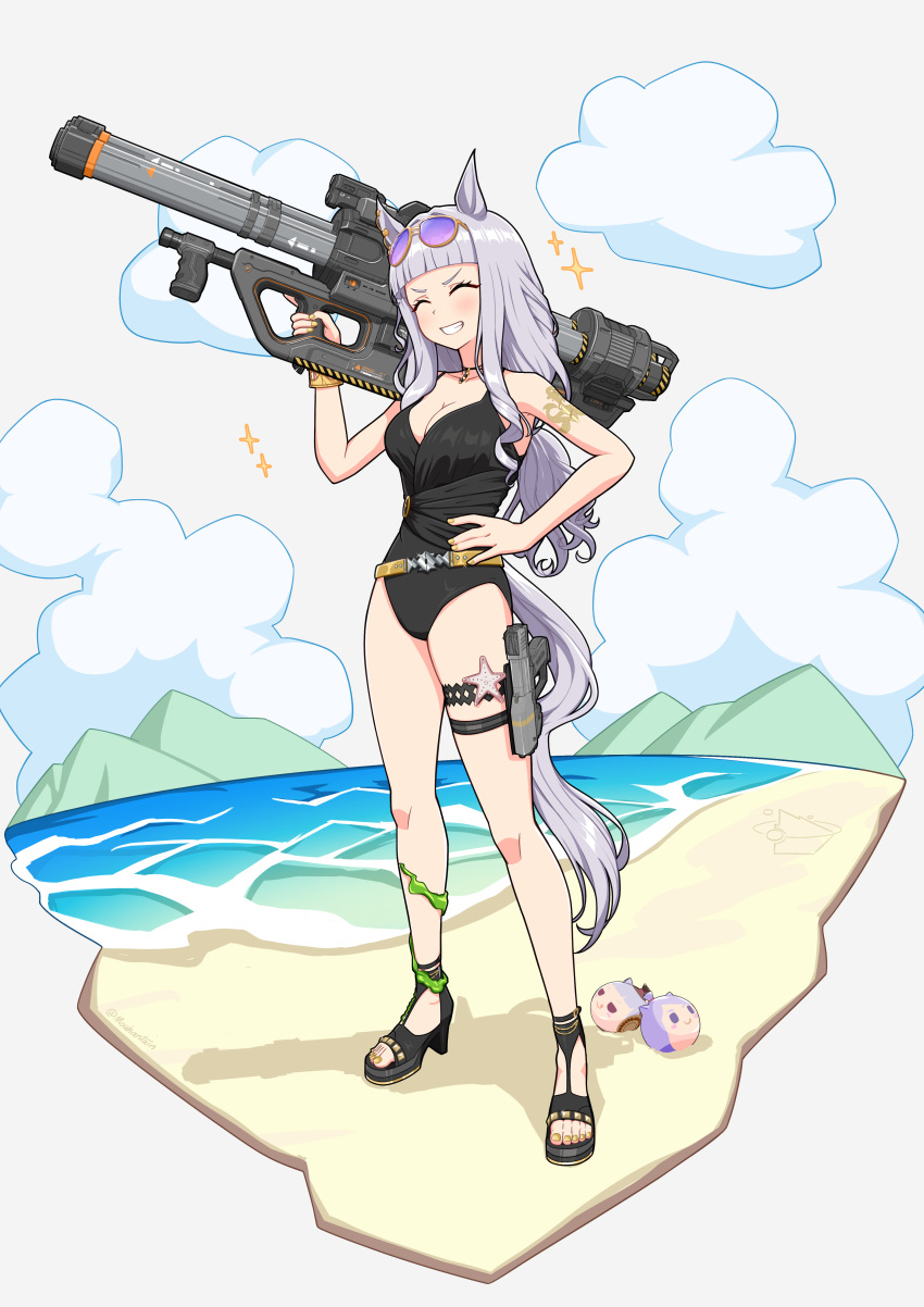 1girl ^_^ absurdres animal_ears bare_arms bare_shoulders beach black_footwear black_one-piece_swimsuit breasts brown-framed_eyewear brown_nails casual_one-piece_swimsuit cleavage closed_eyes cloud eyewear_on_head facing_viewer gold_ship_(run_revolt_launcher)_(umamusume) gold_ship_(umamusume) grey_background grey_hair grin halo_(series) hand_on_own_hip high_heels highres holding horse_ears horse_girl horse_tail long_hair m41_spnkr m6d medium_breasts mejiro_mcqueen_(umamusume) mouhantain nail_polish one-piece_swimsuit purple-tinted_eyewear sand sandals simple_background smile solo sparkle super_smashing_summer_vacation_(umamusume) swimsuit tail tinted_eyewear toenail_polish toenails toes umamusume very_long_hair water