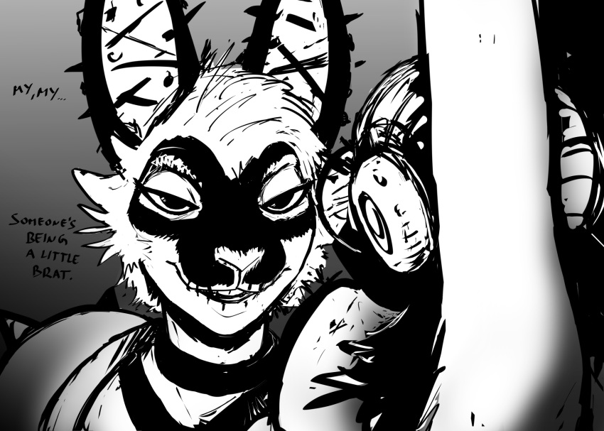 2023 american_opossum anthro bethesda_softworks black_and_white bodypaint dialogue didelphid duo english_text face_paint fallout female female/female gradient_background hi_res hladilnik lagomorph leporid mammal marsupial marylin_(hladilnik) monochrome pro_bun_(hladilnik) rabbit raider_(fallout) simple_background text virginia_opossum