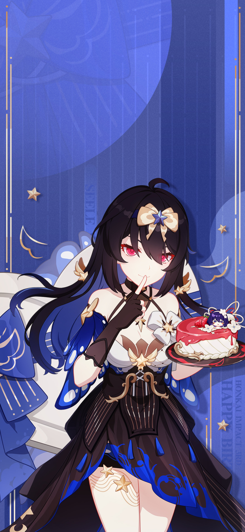 1girl ahoge bare_legs black_hair box breasts cake chibi cleavage english_text food gift gift_box hair_ribbon happy_birthday highres holding holding_cake holding_food honkai_(series) honkai_impact_3rd looking_at_viewer medium_breasts multicolored_hair october official_art official_wallpaper red_eyes ribbon seele_vollerei seele_vollerei_(starchasm_nyx) solo star_(symbol) upper_body