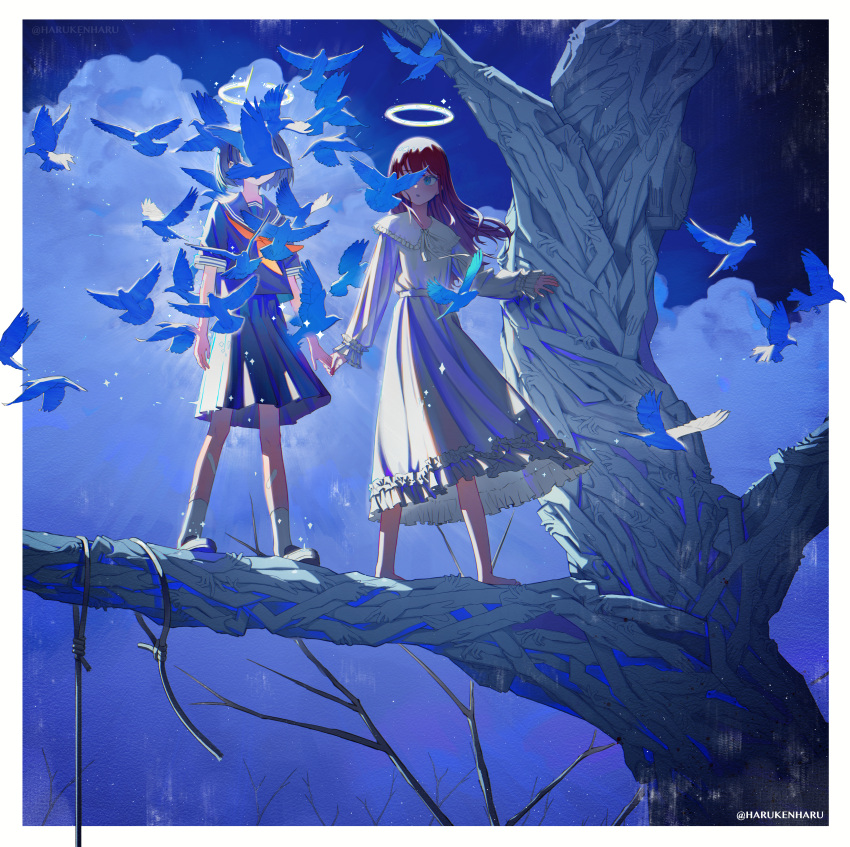 2girls absurdres artist_name bandaid bandaid_on_leg barefoot bird black_footwear black_hair black_sailor_collar black_shirt black_skirt blue_bird blue_eyes blue_hair blush border branch chromatic_aberration cloud covered_face dress halo highres holding_hands kenharu light light_blush long_hair long_sleeves looking_at_another medium_hair moonlight multiple_girls multiple_hands neckerchief night night_sky open_mouth orange_neckerchief orange_ribbon original outdoors pleated_skirt red_hair ribbon rope sailor_collar sailor_shirt school_uniform serafuku shirt short_sleeves skirt sky socks sparkle standing summer_uniform tree uniform white_border white_dress white_ribbon white_socks