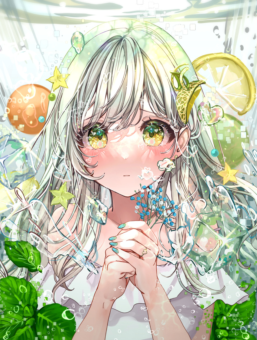 1girl air_bubble bare_shoulders blue_nails bubble commentary_request dress frilled_dress frills green_eyes greythroat_(arknights) hands_up highres holding long_hair looking_at_viewer off-shoulder_dress off_shoulder original own_hands_together parted_lips puracotte solo underwater upper_body water white_dress