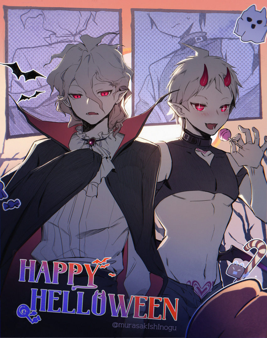 2boys absurdres ahoge ascot black_cape black_pants cape danganronpa_(series) danganronpa_2:_goodbye_despair demon_boy gem happy_halloween heart heart_tattoo highres hinata_hajime hinata_hajime_(awakened) horns komaeda_nagito male_focus messy_hair multiple_boys navel pants pubic_tattoo red_cape red_eyes red_horns shirt shirt_tucked_in tattoo vampire white_ascot white_hair white_shirt ziling