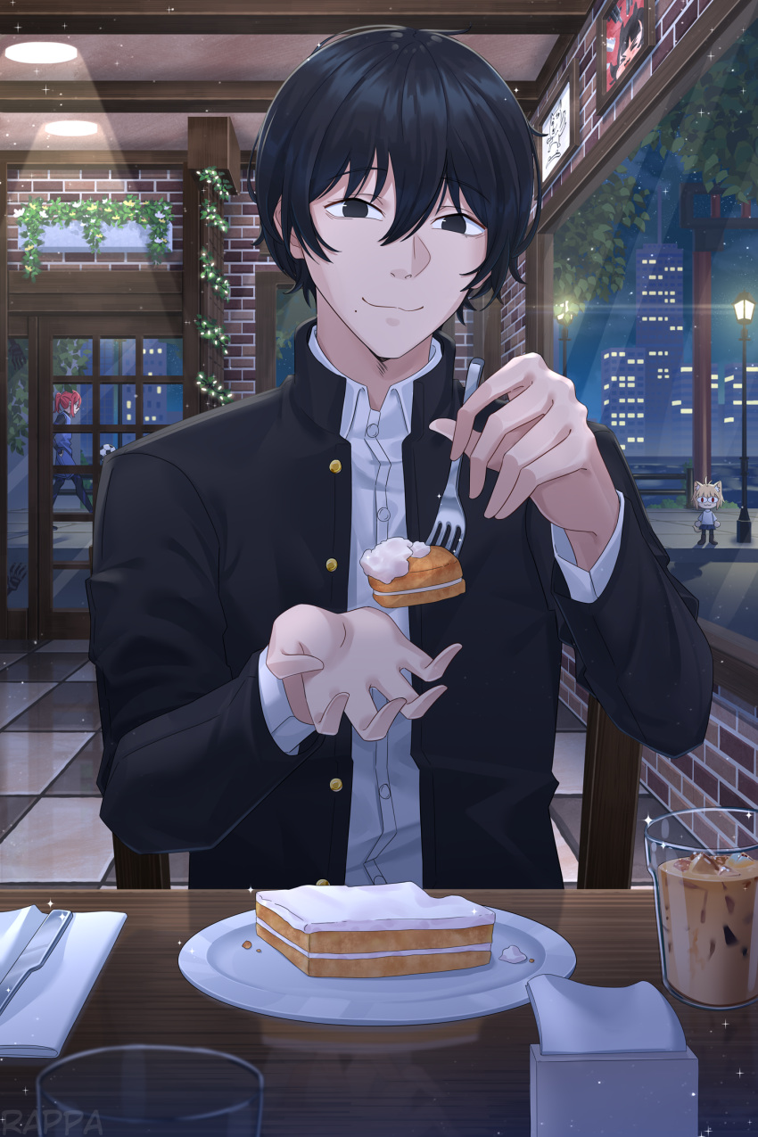 1boy 1other ball black_eyes black_hair building cake chainsaw_man coffee cup food fork fourth_east_high_school_uniform hands_up highres holding holding_fork knife lamppost looking_at_viewer male_focus mole mole_under_mouth napkin neco-arc night rappa red_hair school_uniform short_hair sitting soccer_ball solo table tsukihime window yoshida_hirofumi