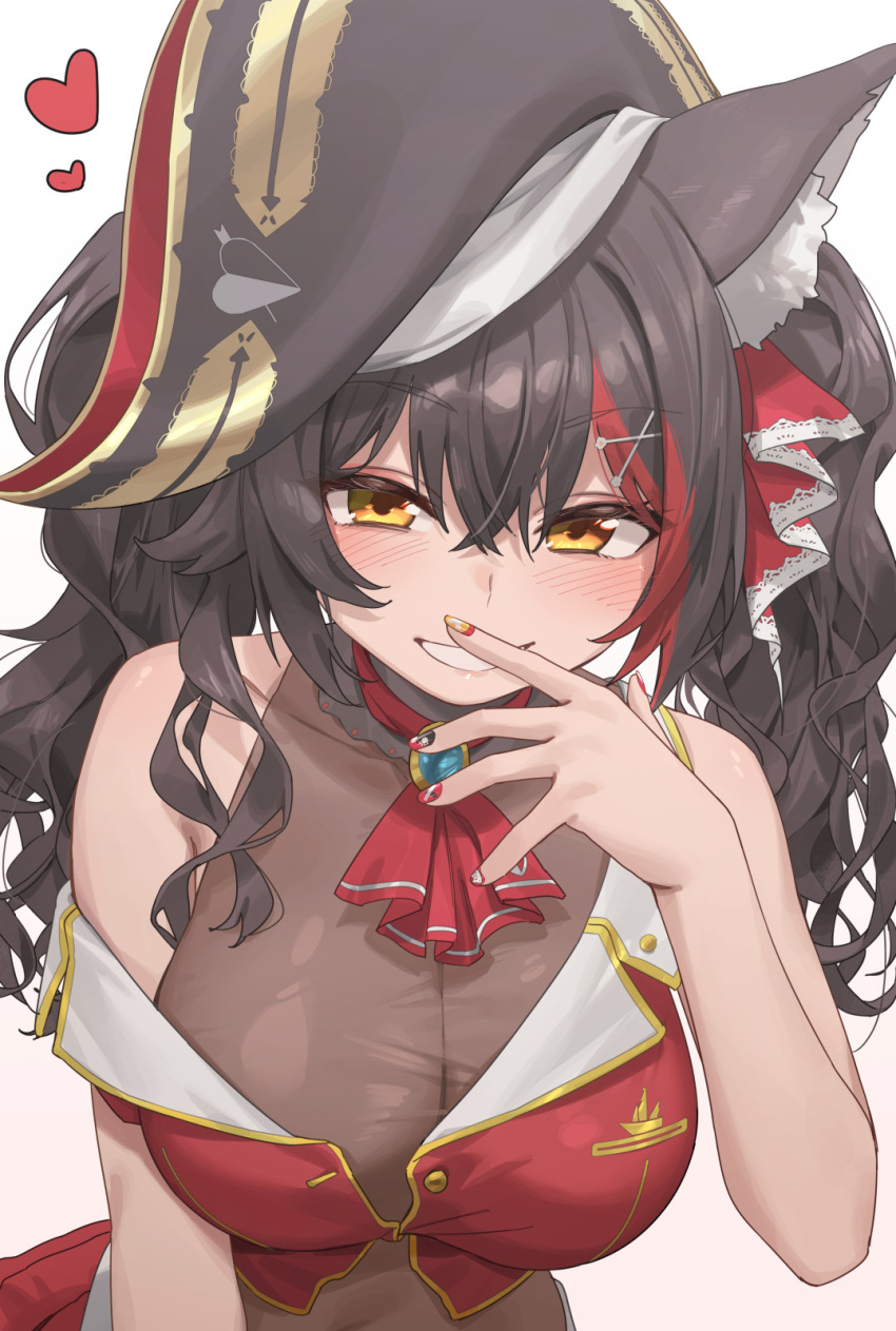 1girl animal_ear_fluff animal_ears arrow_through_heart ascot bare_shoulders bicorne black_hair blush breasts brown_leotard cleavage cosplay covered_navel cropped_jacket curly_hair hair_between_eyes hair_ornament hat heart highres hololive houshou_marine houshou_marine_(cosplay) jacket large_breasts leotard leotard_under_clothes long_hair looking_at_viewer miniskirt multicolored_hair nail_polish ookami_mio pirate pirate_costume pirate_hat pleated_skirt red_ascot red_hair red_jacket red_skirt rimori22 see-through see-through_leotard simple_background skirt sleeveless sleeveless_jacket smile solo streaked_hair upper_body virtual_youtuber white_background wolf_ears wolf_girl yellow_eyes