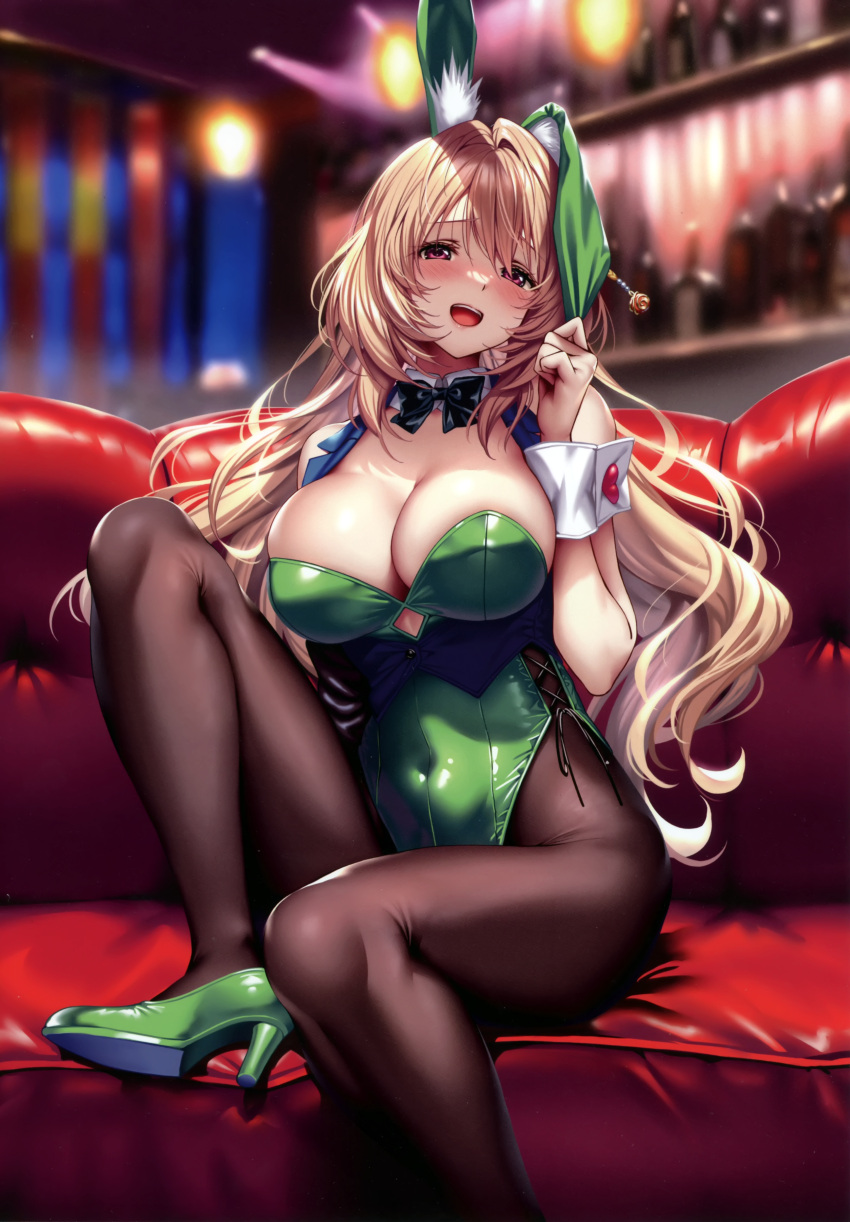 1girl absurdres animal_ears breasts cleavage couch detached_collar fake_animal_ears hanikami_kanojo high_heels highres hiiragi_sano large_breasts leotard looking_at_viewer piromizu playboy_bunny scan simple_background sitting smile solo wrist_cuffs