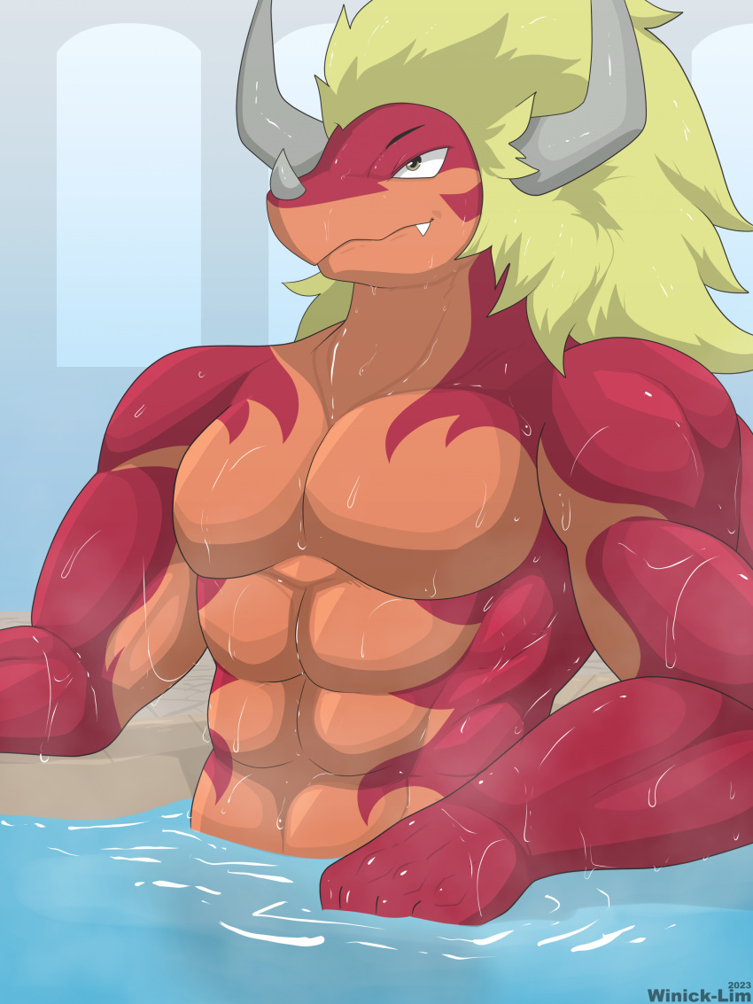 abs absurd_res bare_chest bath bathhouse blonde_hair bushiroad colored dragon drum_bunker_dragon fingers future_card_buddyfight hair hi_res horn hot_spring humanoid_hands looking_up male muscular muscular_male nude partially_submerged pecs red_body red_skin reptile scalie smile solo teeth water winick-lim