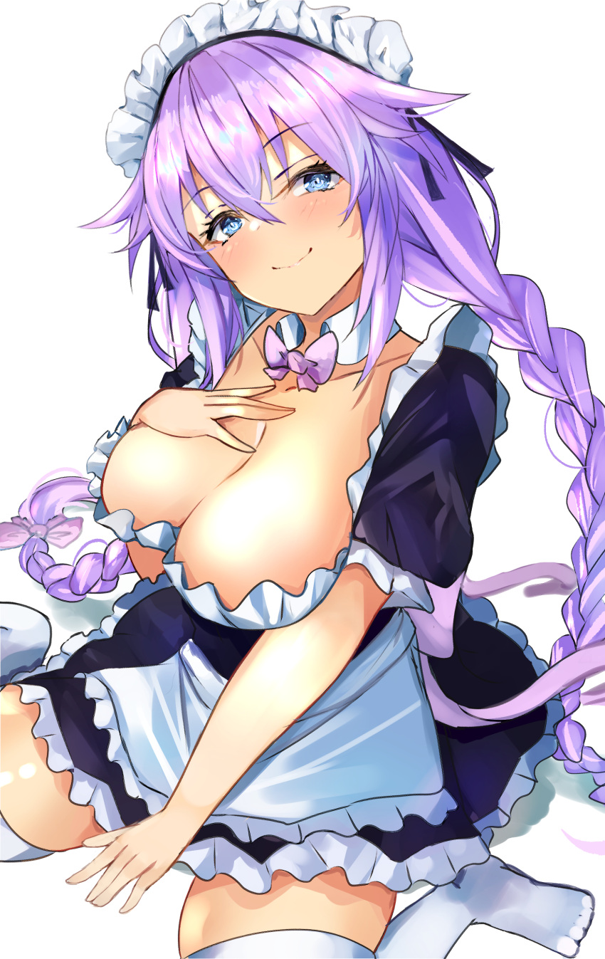 1girl absurdres alternate_costume apron bimmy blue_eyes blush braid breasts cleavage enmaided hair_ornament highres large_breasts long_hair maid maid_apron maid_headdress neptune_(series) power_symbol purple_hair purple_heart simple_background sitting solo symbol-shaped_pupils thighhighs twin_braids twintails white_thighhighs