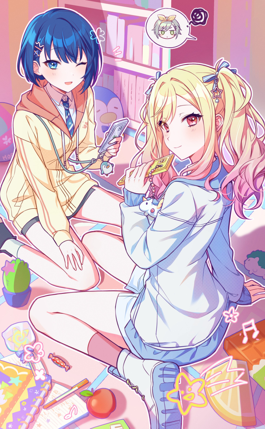 3girls absurdres apple bird blonde_hair blue_eyes blue_hair bookshelf candy closed_mouth collared_shirt commentary dark_blue_hair drawstring food fruit gradient_hair green_eyes grey_hair hair_ornament hairband hairpin hand_up hedgehog highres hinomori_shiho holding holding_phone hood hood_down hooded_jacket indoors jacket kheng_(k_heng1223) kiritani_haruka lanyard leaf long_hair long_sleeves looking_at_viewer multicolored_hair multiple_girls musical_note necktie notebook notice_lines one_eye_closed pen penguin phone pink_eyes pink_hair project_sekai shirt short_hair shorts sidelocks sitting smile socks speech_bubble star_(symbol) tenma_saki twintails two-tone_hair unicorn wariza yellow_jacket