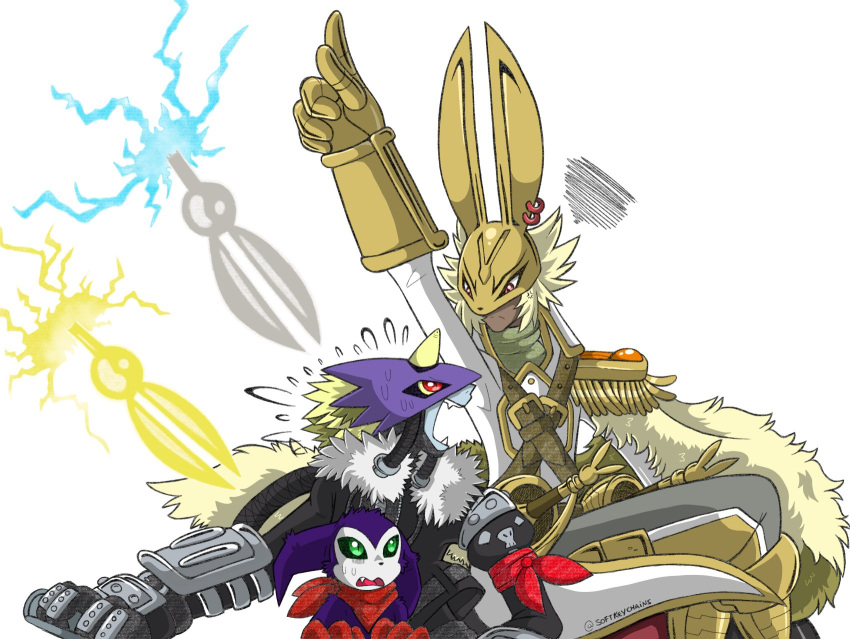 animal_humanoid anthro armor bandai_namco bandanna beelzemon cape clothing diarbbitmon digimon digimon_(species) ear_piercing ear_ring gloves green_eyes group handwear headgear helmet hi_res humanoid impmon kerchief knight lagomorph lagomorph_humanoid leporid_humanoid male mammal mammal_humanoid piercing portugueselynx purple_body rabbit_humanoid red_eyes ring_piercing trio warrior