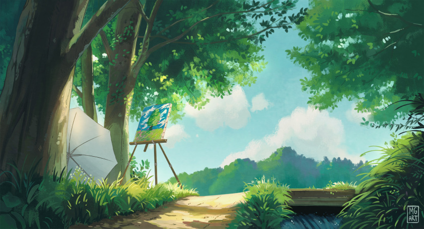 artist_name blue_sky canvas_(object) cloud cloudy_sky commentary day english_commentary forest grass highres kaze_tachinu marusa_gorjup nature no_humans outdoors painting_(object) scenery sky studio_ghibli studio_ghibli_(style) tree umbrella