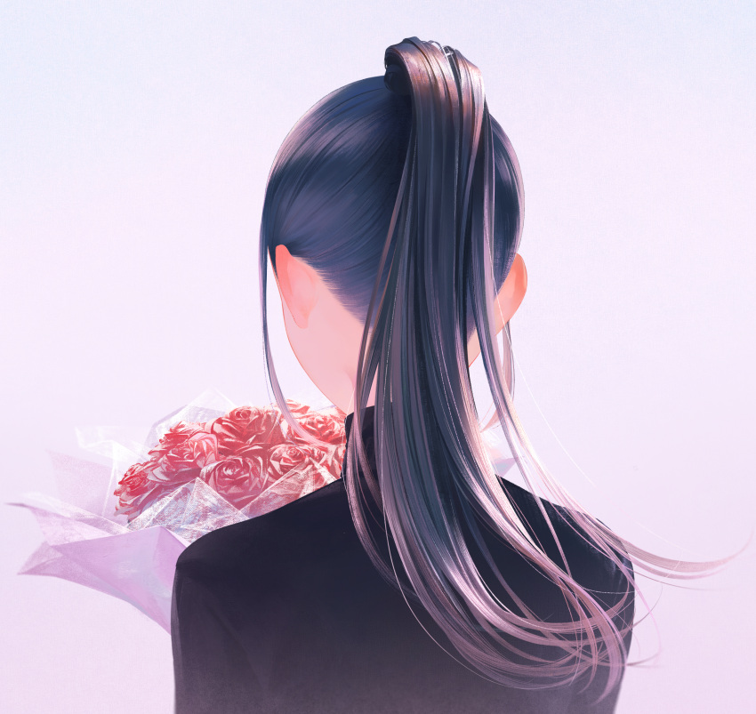 1girl absurdres black_hair black_sweater bouquet commentary facing_away flower from_behind grey_background high_ponytail highres holding holding_bouquet long_hair original red_flower red_rose rose sidelocks simple_background solo sousou_(sousouworks) sweater turtleneck turtleneck_sweater upper_body