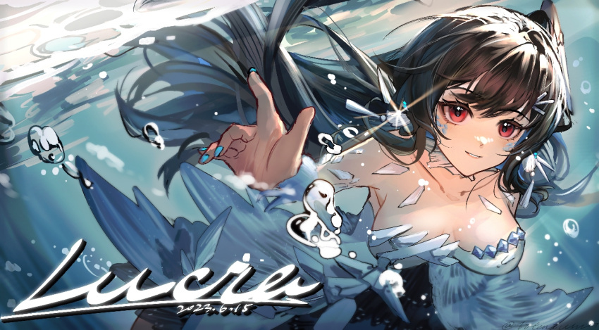 1girl black_hair blue_nails breasts character_name cleavage dated detached_sleeves dress earrings hair_ornament jewelry long_hair lucia:_plume_(dance_of_ripplets)_(punishing:_gray_raven) medium_breasts parted_lips punishing:_gray_raven red_eyes underwater white_dress white_sleeves yan_bai_tai