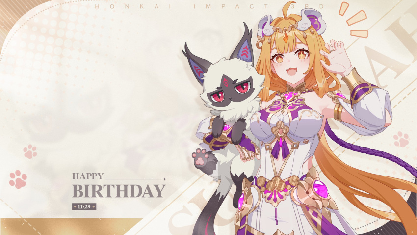 1girl :d animal arabian_clothes bare_shoulders birthday breasts cat dated detached_sleeves happy happy_birthday highres holding holding_animal holding_cat honkai_(series) honkai_impact_3rd jewelry korean_commentary large_breasts long_hair official_art official_wallpaper open_hand open_mouth orange_eyes orange_hair simple_background smile stan_(honkai_impact) star-shaped_pupils star_(symbol) susannah_manatt susannah_manatt_(valkyrie_quicksand) symbol-shaped_pupils teddy_bear_ornament upper_body