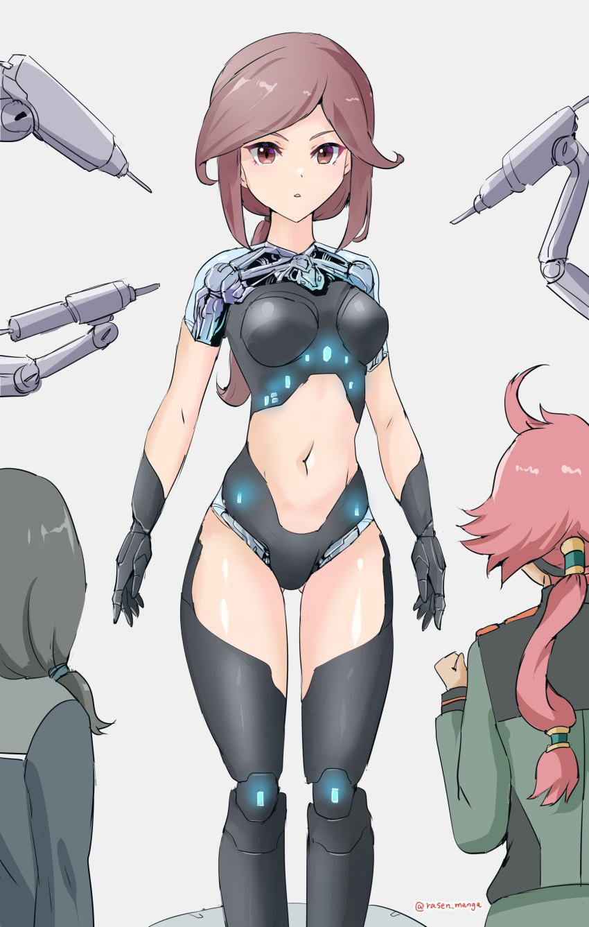3girls absurdres ahoge arms_at_sides asticassia_school_uniform belmeria_winston black_hair brown_eyes brown_hair commentary_request cyborg grey_background gundam gundam_suisei_no_majo highres joints long_hair looking_at_another low_ponytail mechanization multiple_girls navel petra_itta rasen_manga red_hair robot_joints school_uniform standing suletta_mercury
