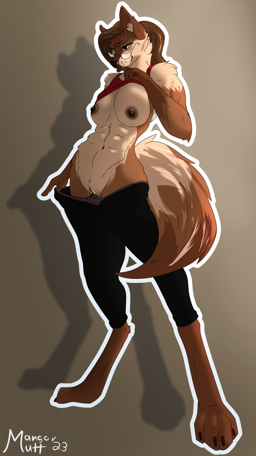 abs absurd_res anthro big_tail bodily_fluids bottomwear bottomwear_down breasts brown_hair brown_nipples canid canine canis clothed clothing digitigrade domestic_dog eyewear female genital_fluids genitals german_shepherd glasses hair herding_dog hi_res hybrid luttie mammal mangomutt muscular muscular_female nipples pants pants_down partially_clothed pastoral_dog paws ponytail pussy pussy_juice shirt solo sweatpants tail tank_top topwear wolf wolfdog