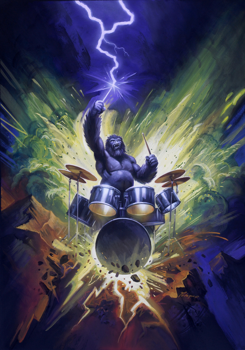 absurd_res anthro ape black_body black_fur colored cymbals drum drum_set drumstick_(musical) drumstick_(percussion) electricity explosion eyes_closed fur gorilla haplorhine hi_res joe_petagno lightning lightning_bolt male mammal muscular muscular_male musical_instrument nude painting_(artwork) percussion_instrument primate solo traditional_media_(artwork)