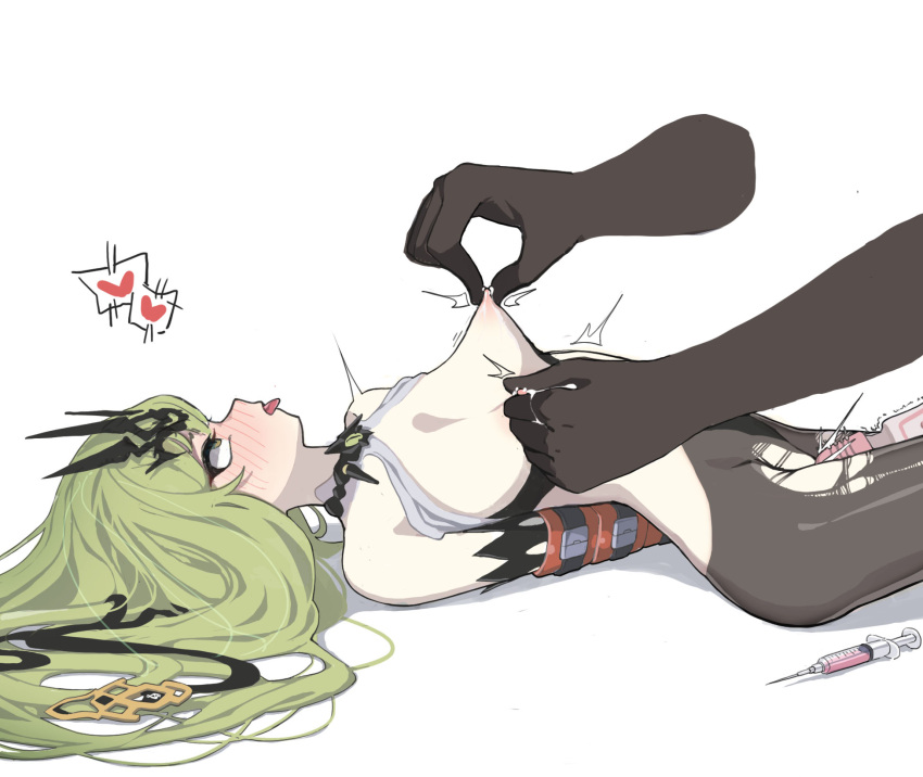 1girl 1other ahegao anger_vein bare_shoulders bdsm black_gloves black_pantyhose blush bondage bound breasts disembodied_limb dress elbow_gloves gloves goseumgoseumdochi green_eyes green_hair heart highres honkai_(series) honkai_impact_3rd long_hair lying mobius_(honkai_impact) nipples on_back open_mouth pantyhose restrained simple_background small_breasts solo_focus spoken_heart syringe tongue tongue_out torn_clothes torn_pantyhose v-shaped_eyebrows very_long_hair white_background white_dress