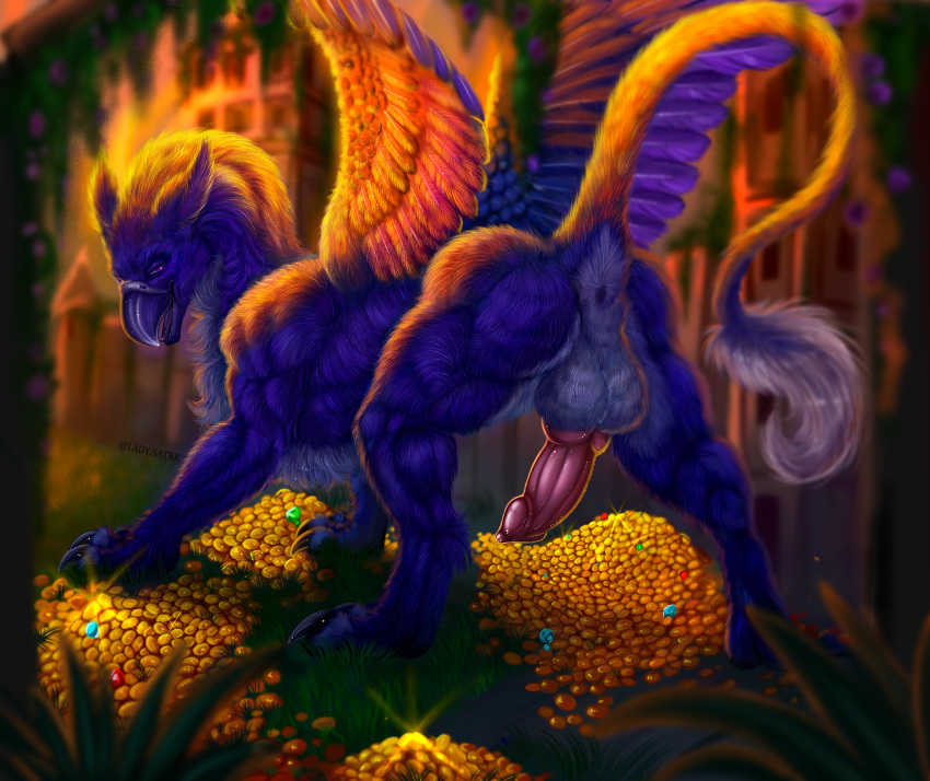 2022 absurd_res anus avian balls beak blue_body blue_feathers blue_fur butt castle claws coin detailed_background erection feathered_wings feathers felixgryphon feral fur gem genitals gold_(metal) gold_coin grass gryphon hi_res knot ladystark looking_at_viewer looking_back looking_back_at_viewer male muscular muscular_feral muscular_male mythological_avian mythology open_mouth outside penis pink_penis plant presenting presenting_penis purple_body purple_eyes purple_feathers solo tail tail_tuft toe_claws treasure_hoard tuft wings