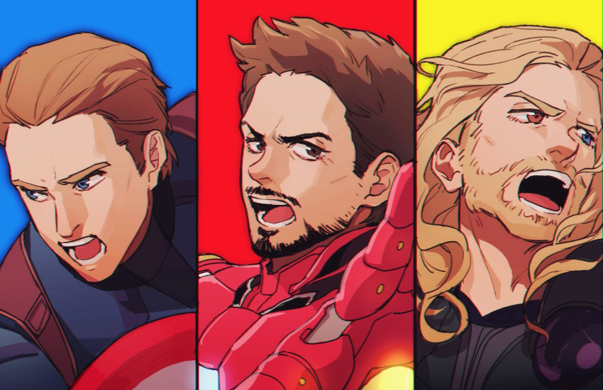 3boys arc_reactor arm_up armor avengers_(series) beard black_armor black_shirt blonde_hair blue_background blue_bodysuit blue_eyes bodysuit brown_eyes brown_hair captain_america commentary_request facial_hair full_armor heterochromia iron_man light_brown_hair long_hair looking_at_viewer looking_to_the_side male_focus marvel multiple_boys open_mouth power_armor qin_(7833198) red_armor red_background shield shirt short_hair steve_rogers superhero teeth thor_(marvel) tongue tony_stark upper_body v-shaped_eyebrows yellow_background